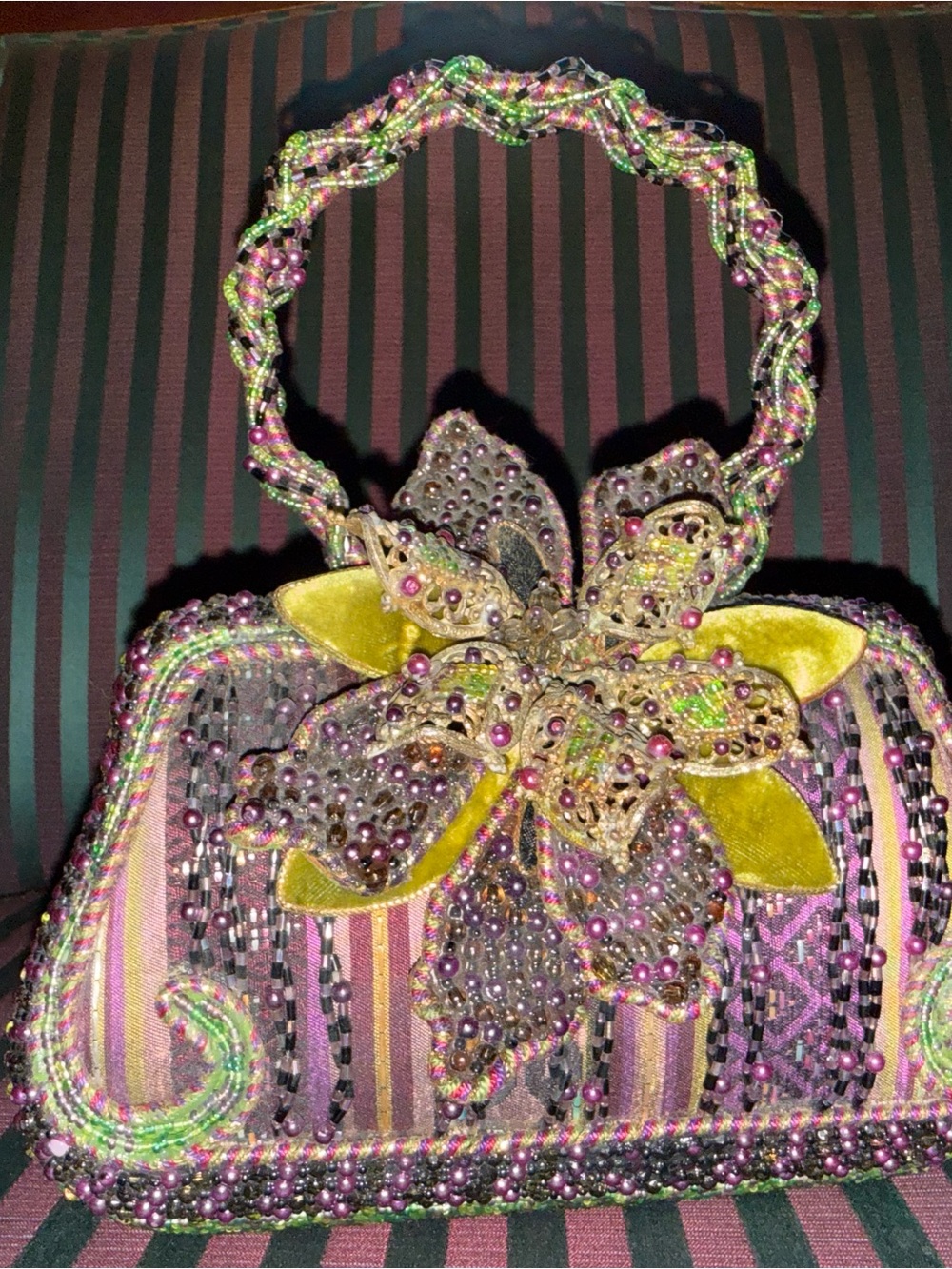 Mary Frances Pink, Gold & Green Beaded Floral Clutch